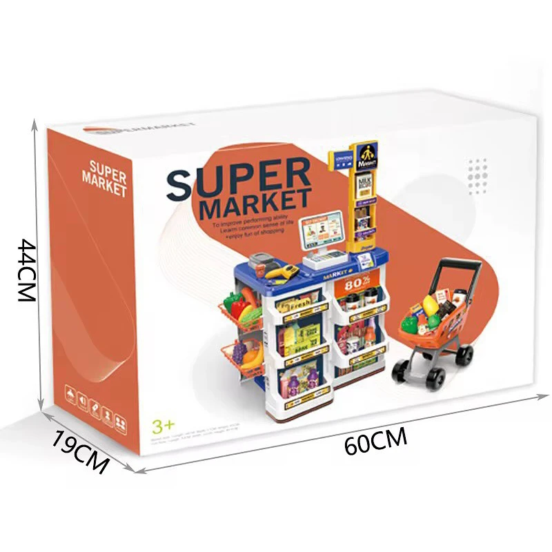 Pretend Play Grocery Store Kids Supermarket Set Role Play Store with Kids Shopping Cart,Kids Cash Register,Best Gift for Kids 60 Pcs